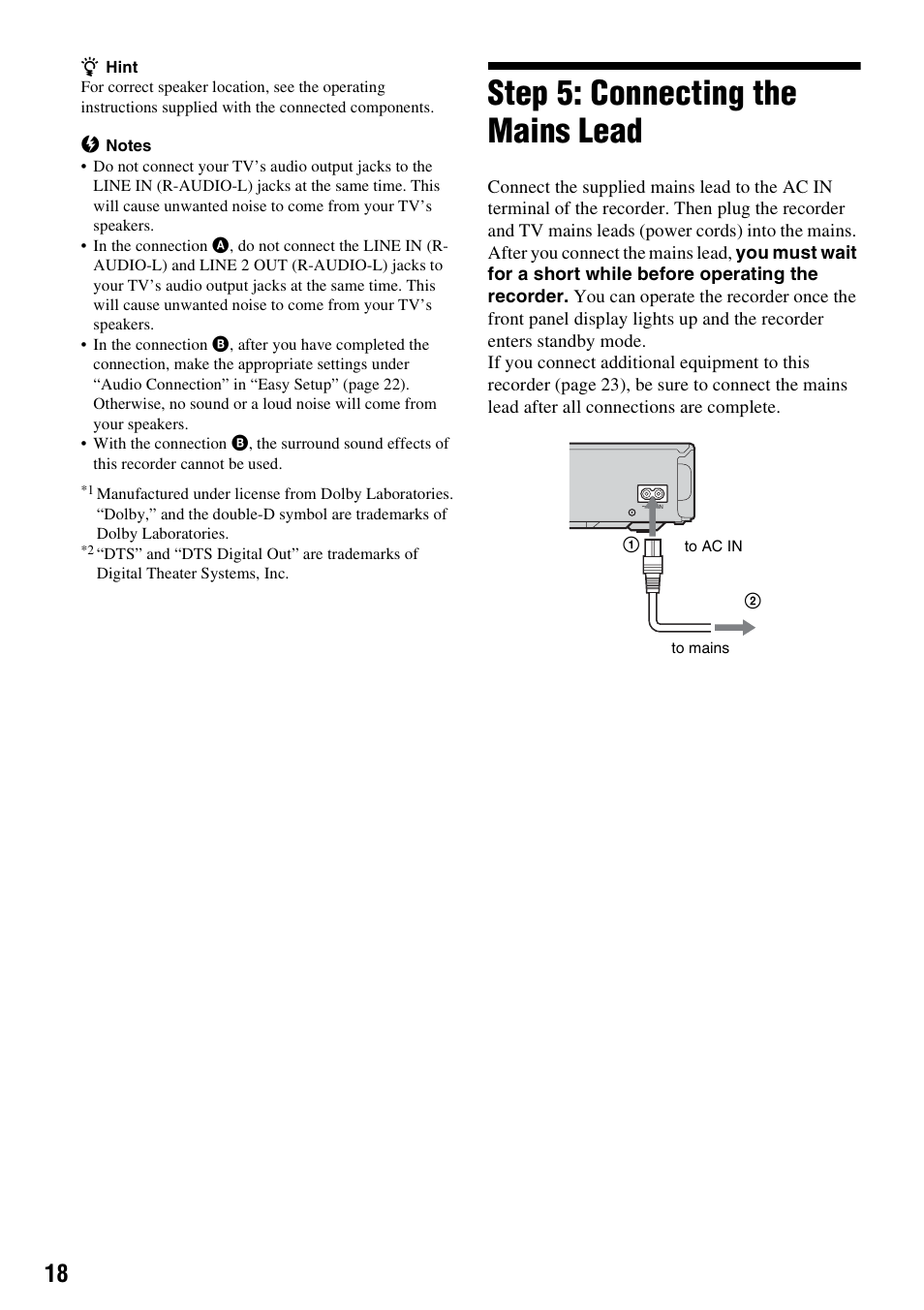 Step 5: connecting the mains lead | Sony RDR-HX510 User Manual | Page 18 / 116