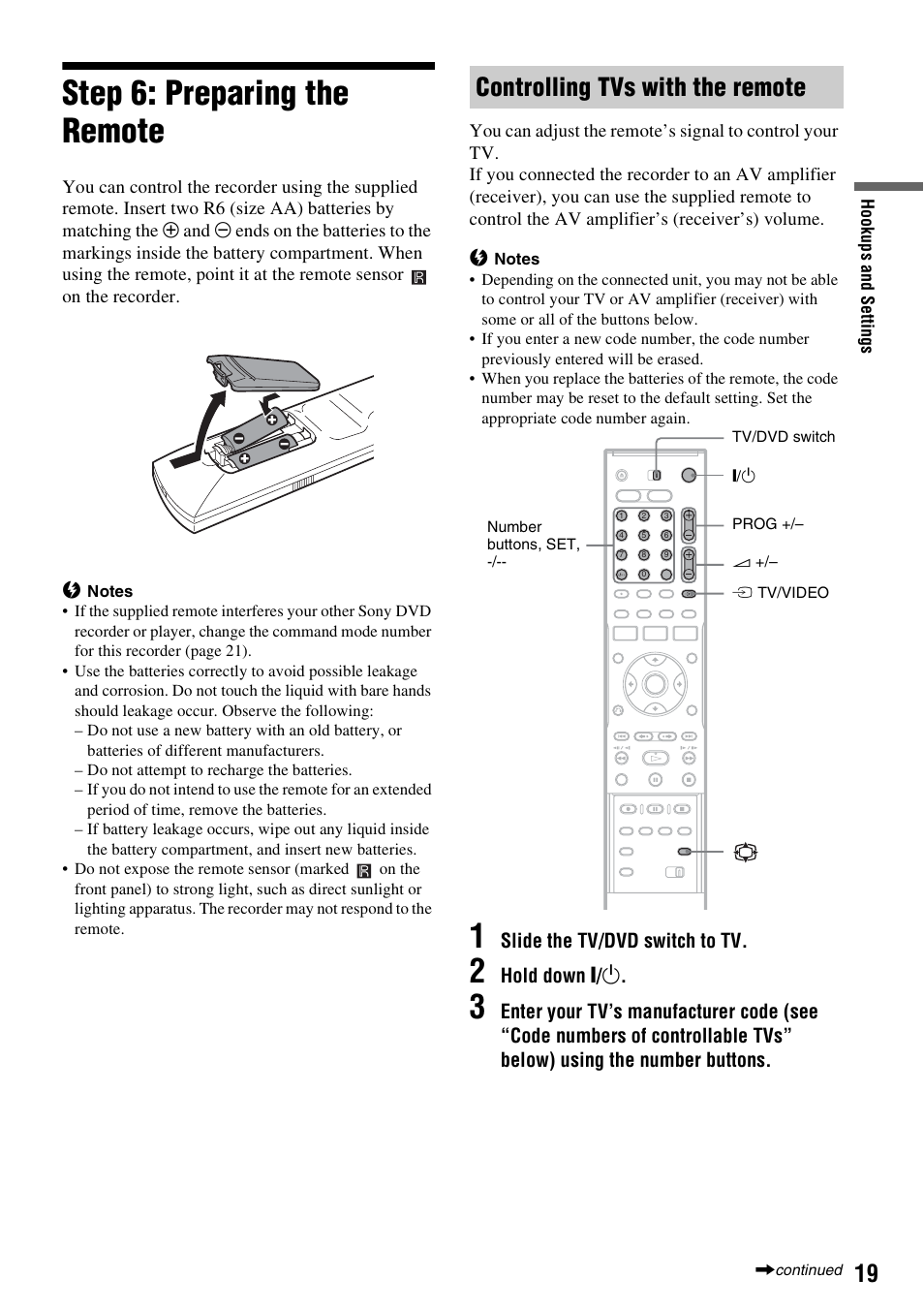 Step 6: preparing the remote, Controlling tvs with the remote | Sony RDR-HX510 User Manual | Page 19 / 116