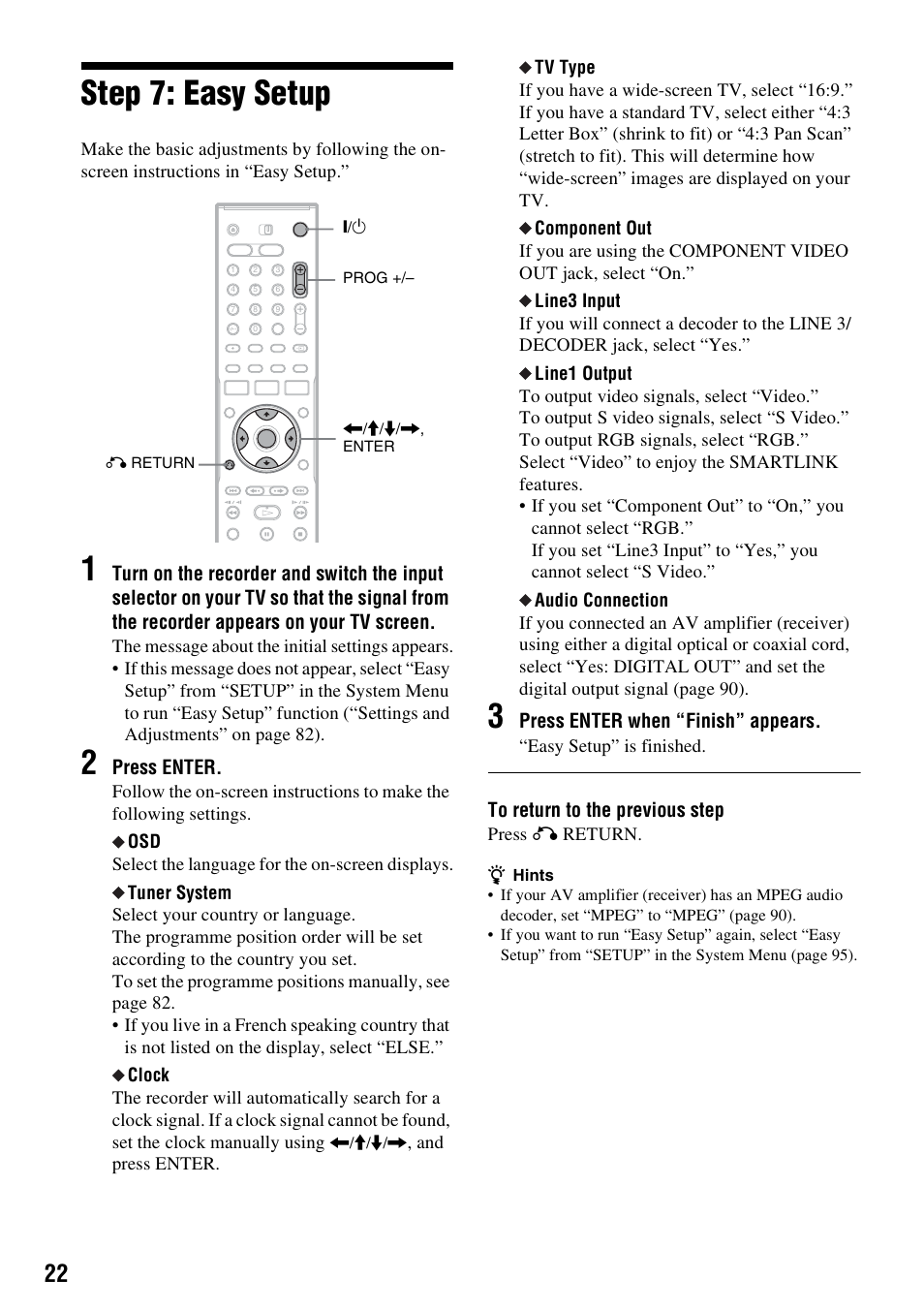 Step 7: easy setup | Sony RDR-HX510 User Manual | Page 22 / 116