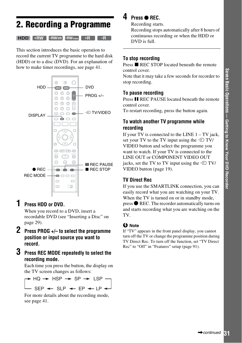Recording a programme | Sony RDR-HX510 User Manual | Page 31 / 116