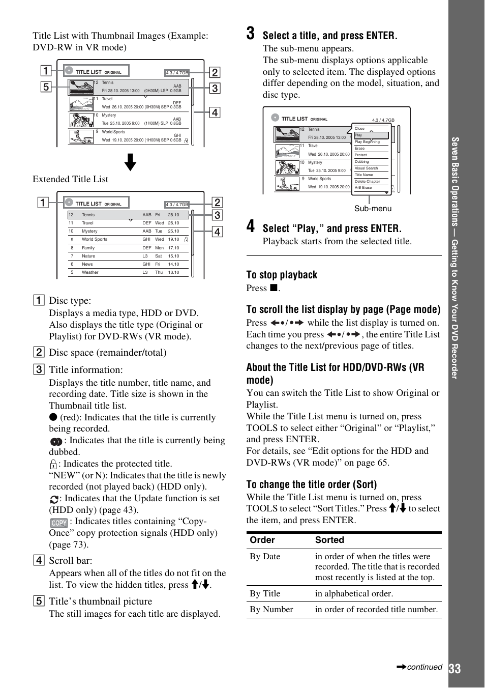 A disc type, B disc space (remainder/total) c title information, D scroll bar | E title’s thumbnail picture, Select a title, and press enter, Select “play,” and press enter, About the title list for hdd/dvd-rws (vr mode), The still images for each title are displayed, Playback starts from the selected title, Press x | Sony RDR-HX510 User Manual | Page 33 / 116