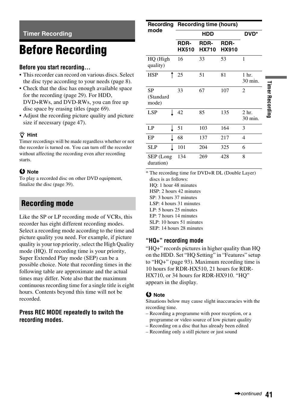 Timer recording, Before recording, Recording mode | Sony RDR-HX510 User Manual | Page 41 / 116