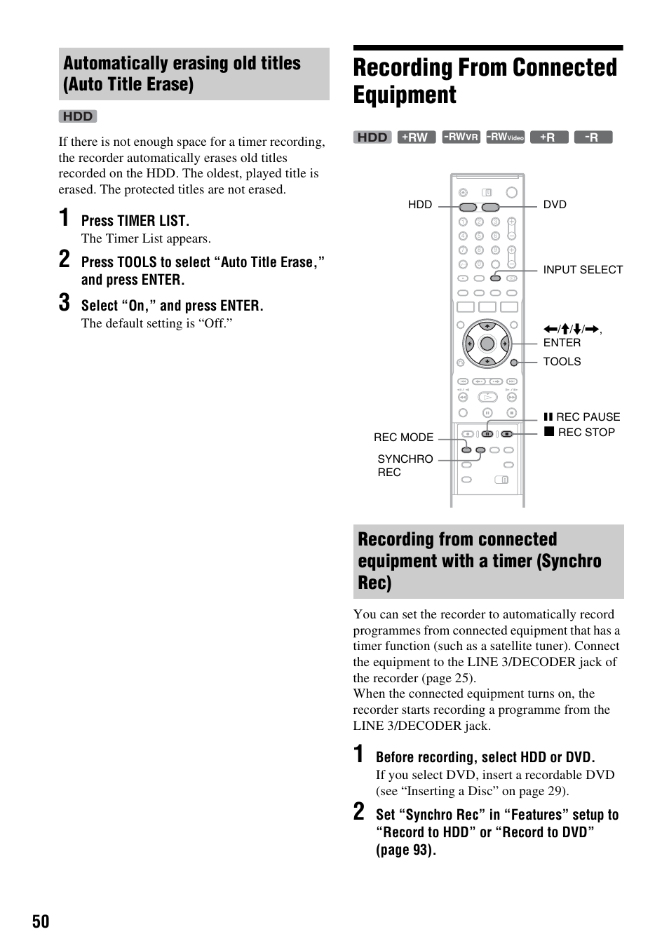 Recording from connected equipment | Sony RDR-HX510 User Manual | Page 50 / 116