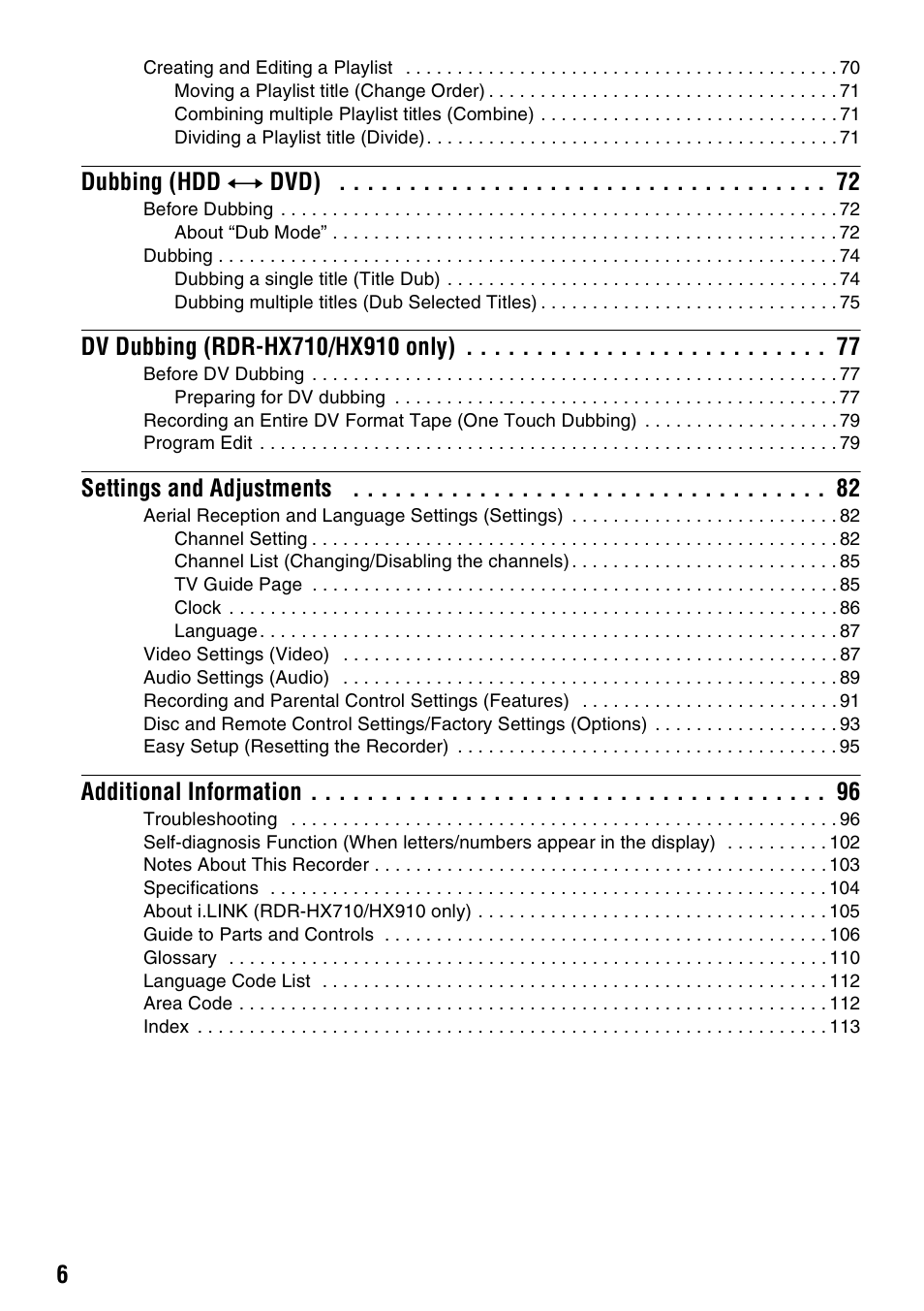 Dubbing (hdd y dvd), Settings and adjustments, Additional information | Sony RDR-HX510 User Manual | Page 6 / 116