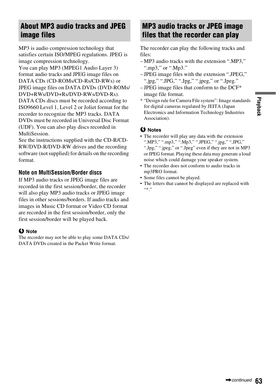 About mp3 audio tracks and jpeg image files | Sony RDR-HX510 User Manual | Page 63 / 116