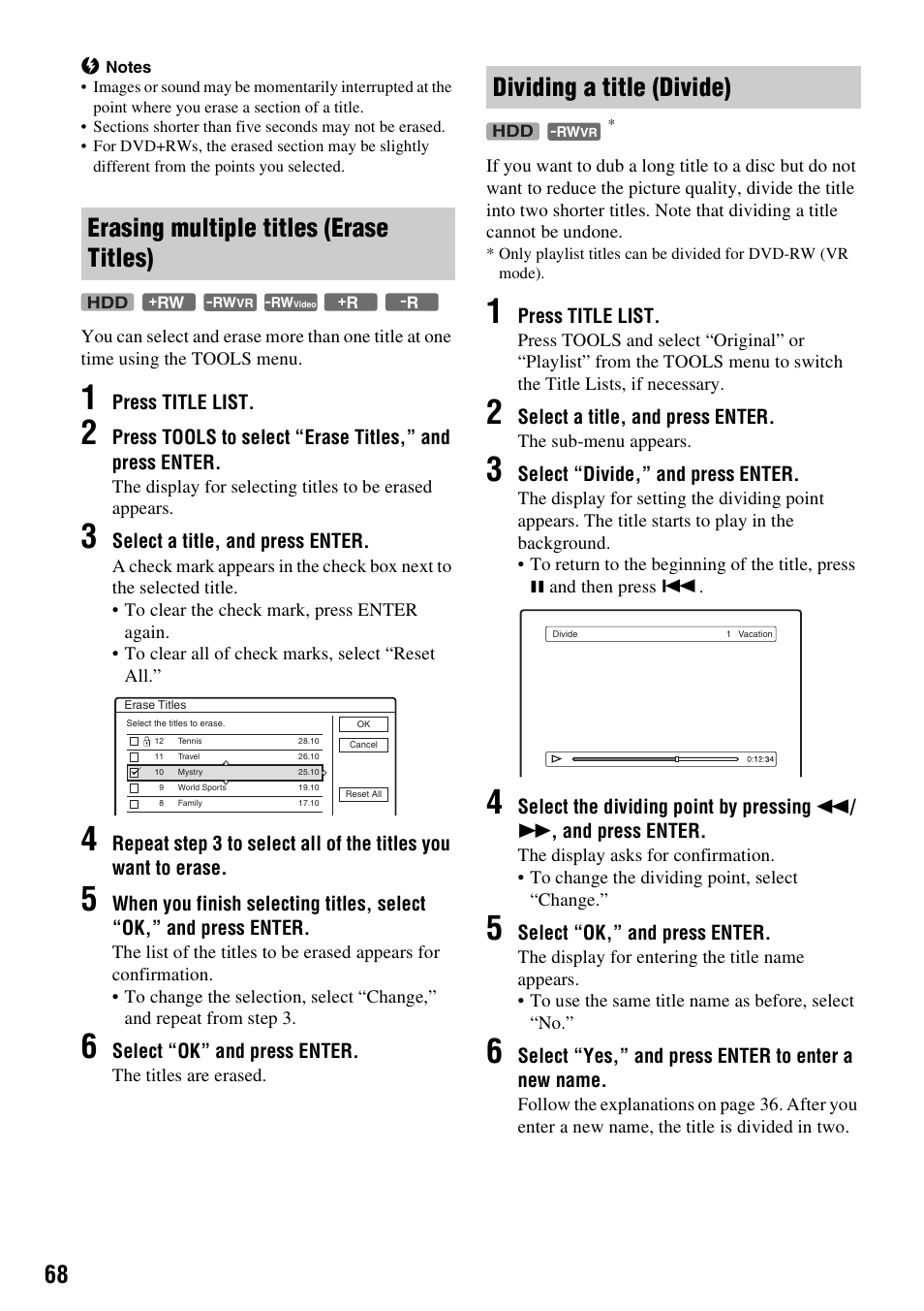 Erasing multiple titles (erase titles), Dividing a title (divide) | Sony RDR-HX510 User Manual | Page 68 / 116