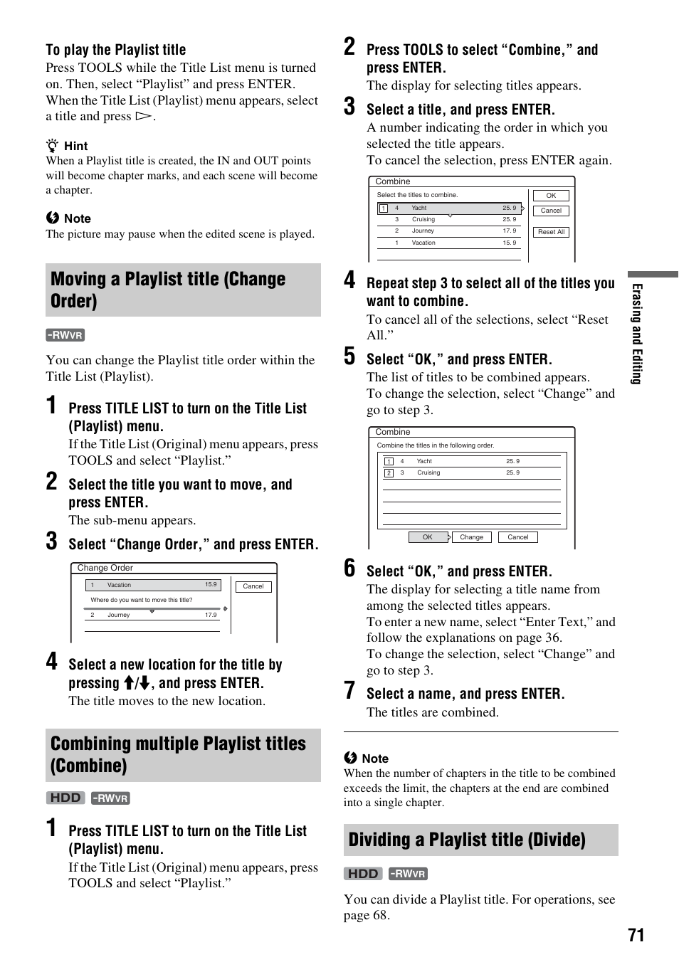 Moving a playlist title (change order), Combining multiple playlist titles (combine), Dividing a playlist title (divide) | Sony RDR-HX510 User Manual | Page 71 / 116