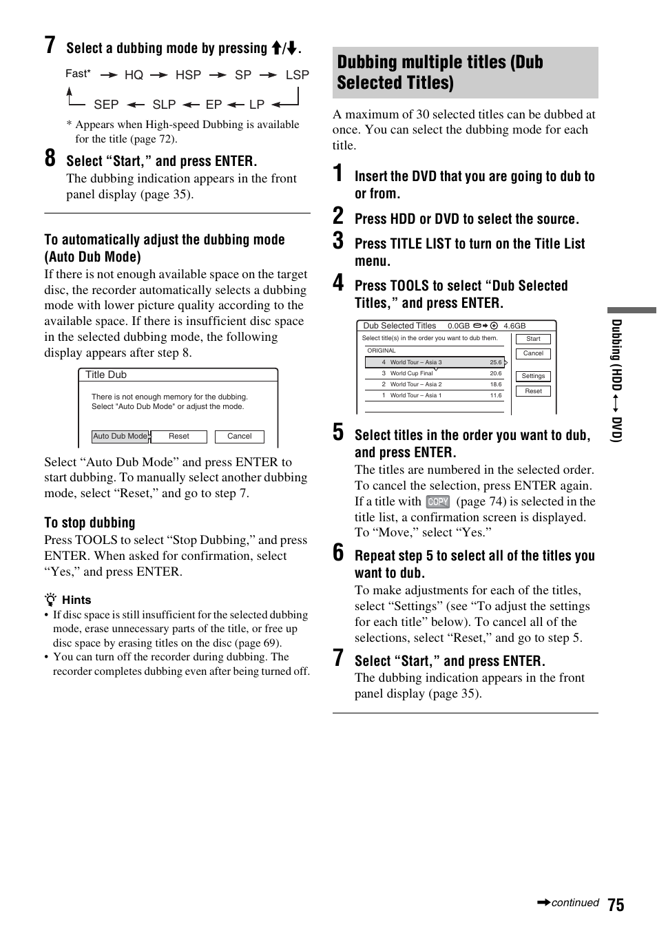 Dubbing multiple titles (dub selected titles) | Sony RDR-HX510 User Manual | Page 75 / 116