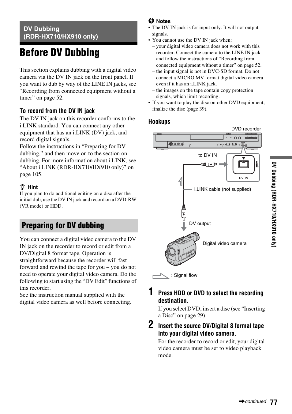 Dv dubbing (rdr-hx710/hx910 only), Before dv dubbing, Preparing for dv dubbing | Sony RDR-HX510 User Manual | Page 77 / 116