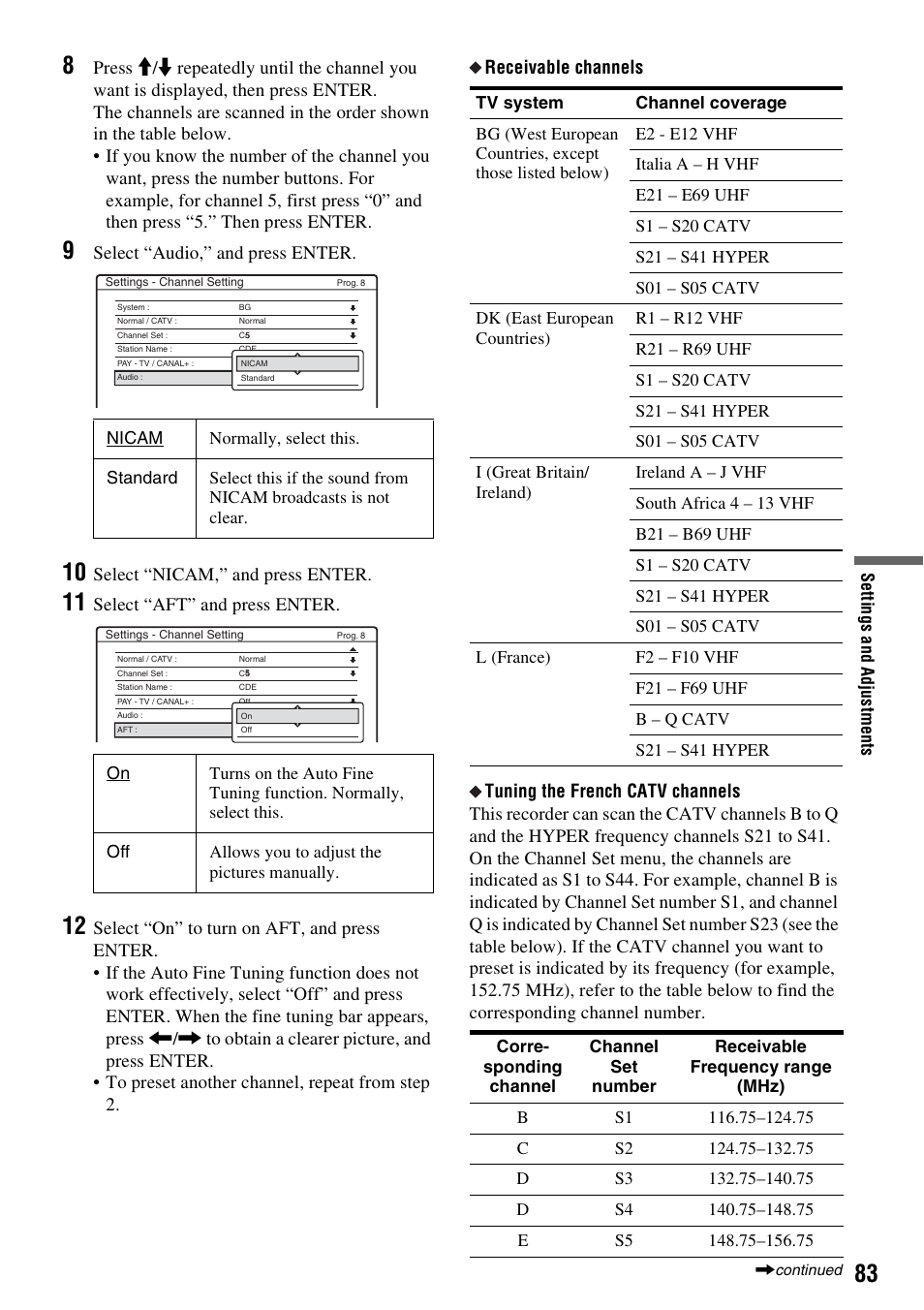 Select “audio,” and press enter, Select “nicam,” and press enter, Select “aft” and press enter | Sony RDR-HX510 User Manual | Page 83 / 116