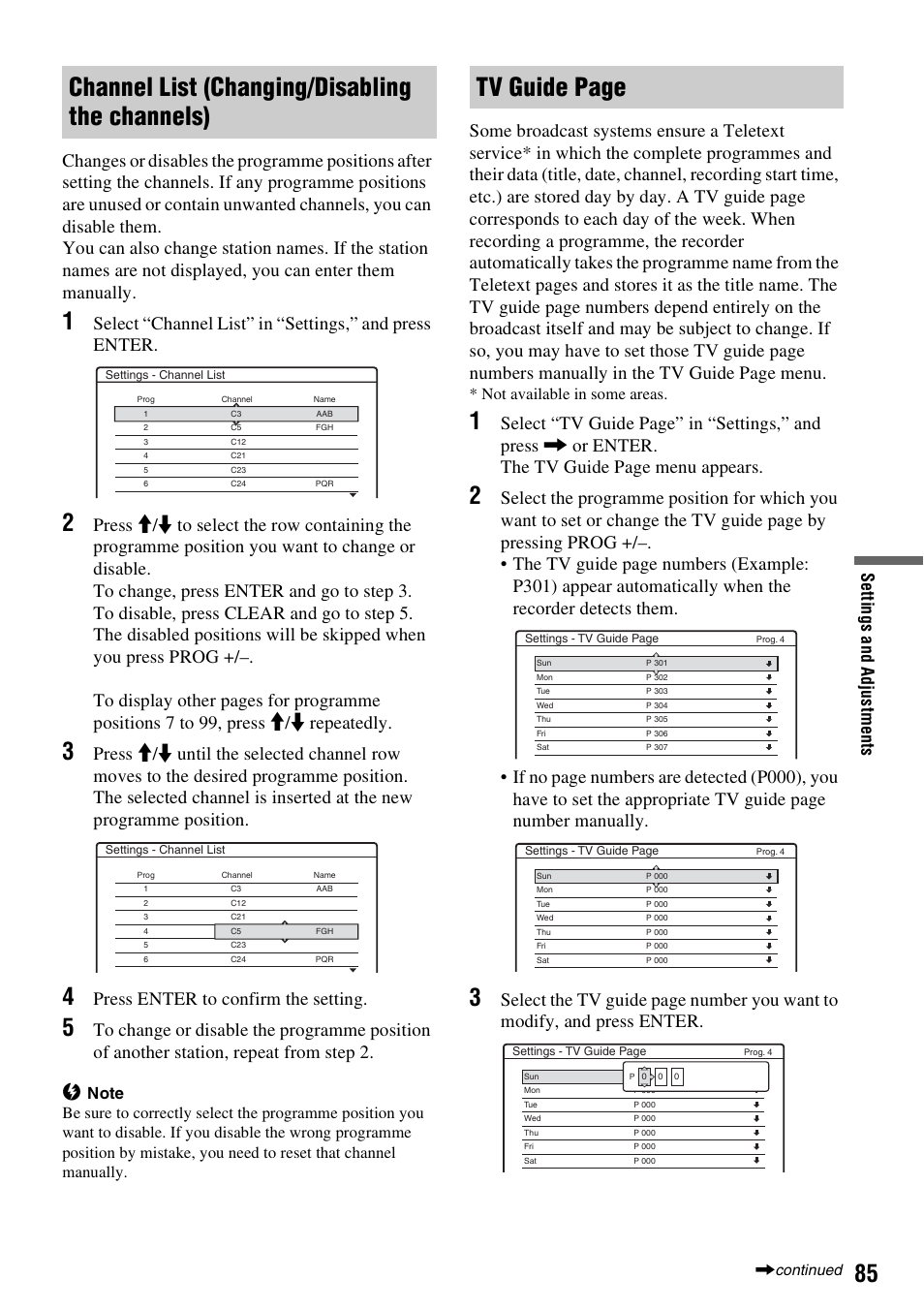 Channel list (changing/disabling the channels), Tv guide page, Press enter to confirm the setting | Not available in some areas | Sony RDR-HX510 User Manual | Page 85 / 116