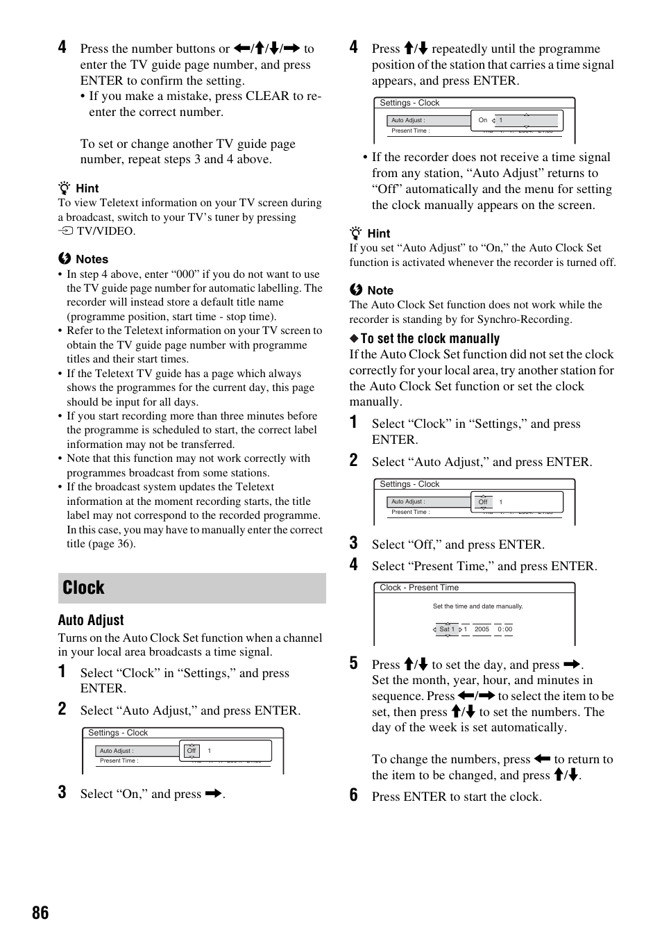 Clock, Auto adjust | Sony RDR-HX510 User Manual | Page 86 / 116