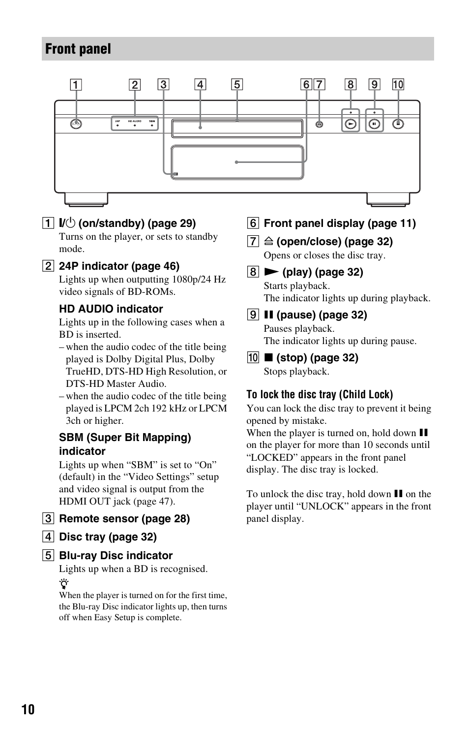 Front panel | Sony BDP-S5000ES User Manual | Page 10 / 79