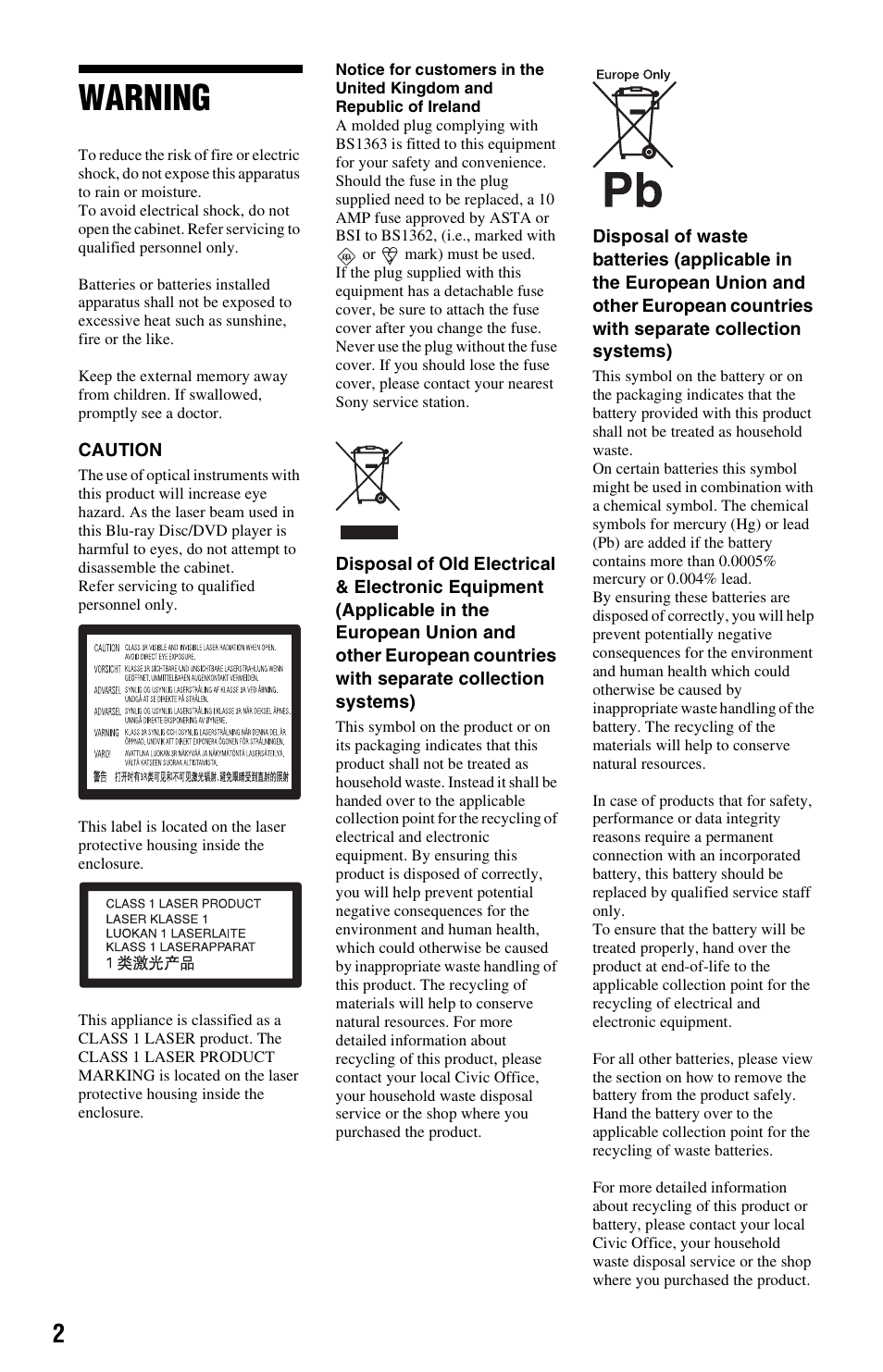 Warning | Sony BDP-S5000ES User Manual | Page 2 / 79