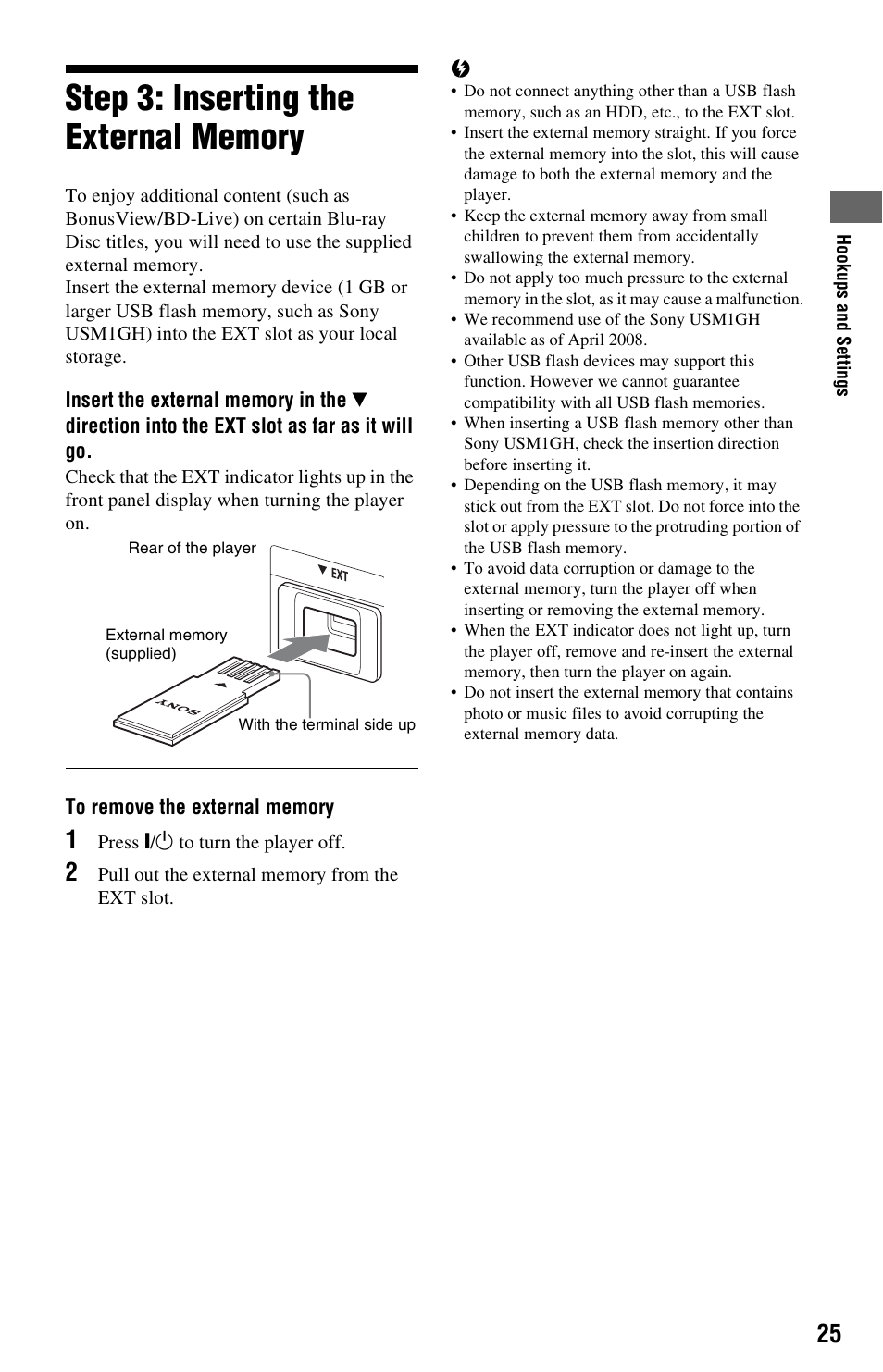 Step 3: inserting the external memory | Sony BDP-S5000ES User Manual | Page 25 / 79