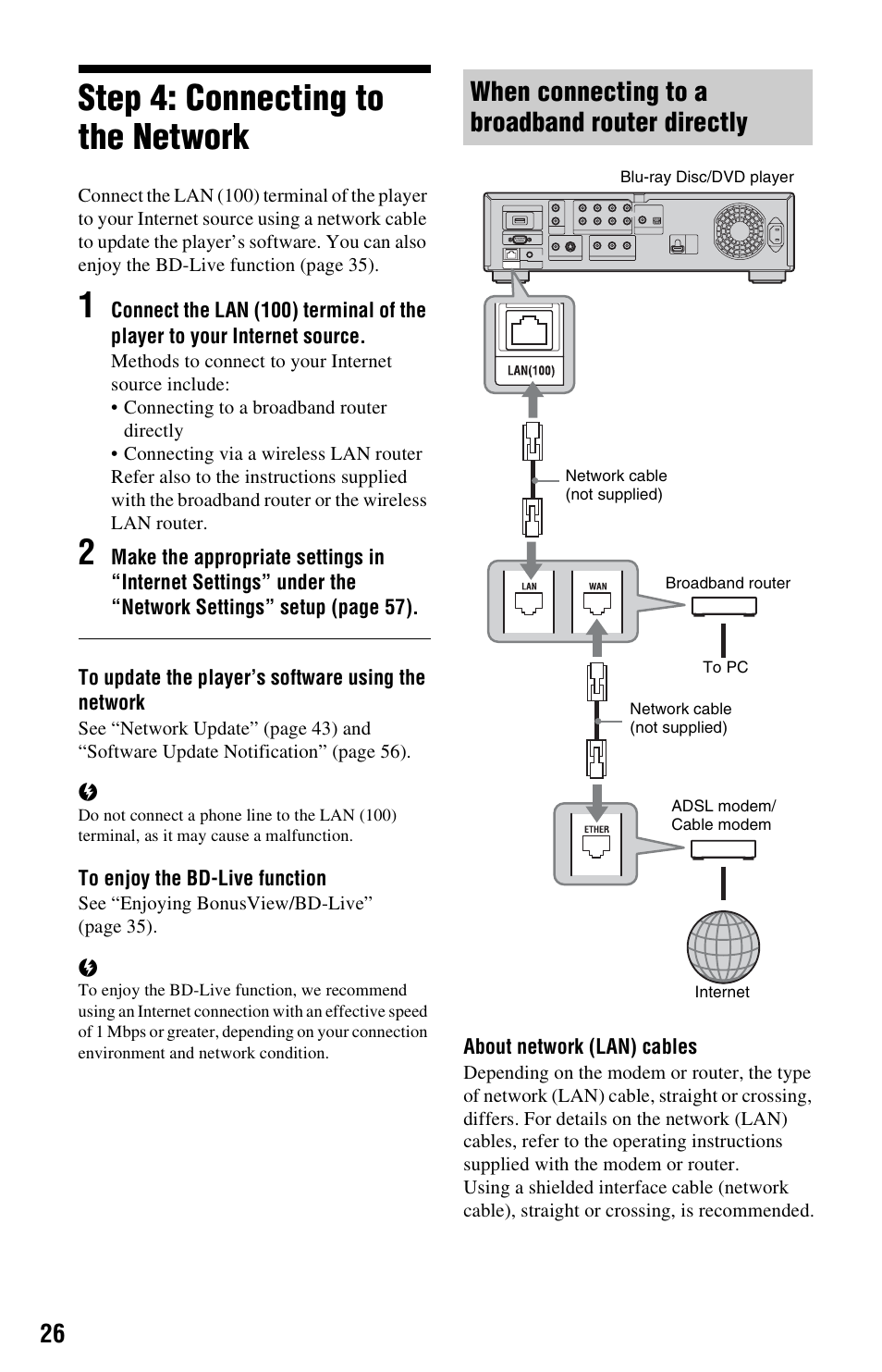 Step 4: connecting to the network, When connecting to a broadband router directly | Sony BDP-S5000ES User Manual | Page 26 / 79
