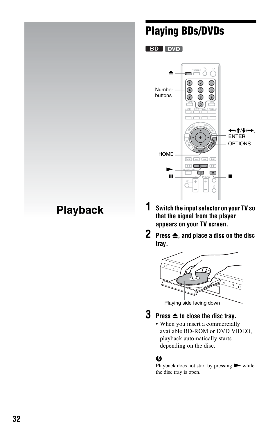 Playback, Playing bds/dvds, Playback playing bds/dvds 1 | Sony BDP-S5000ES User Manual | Page 32 / 79