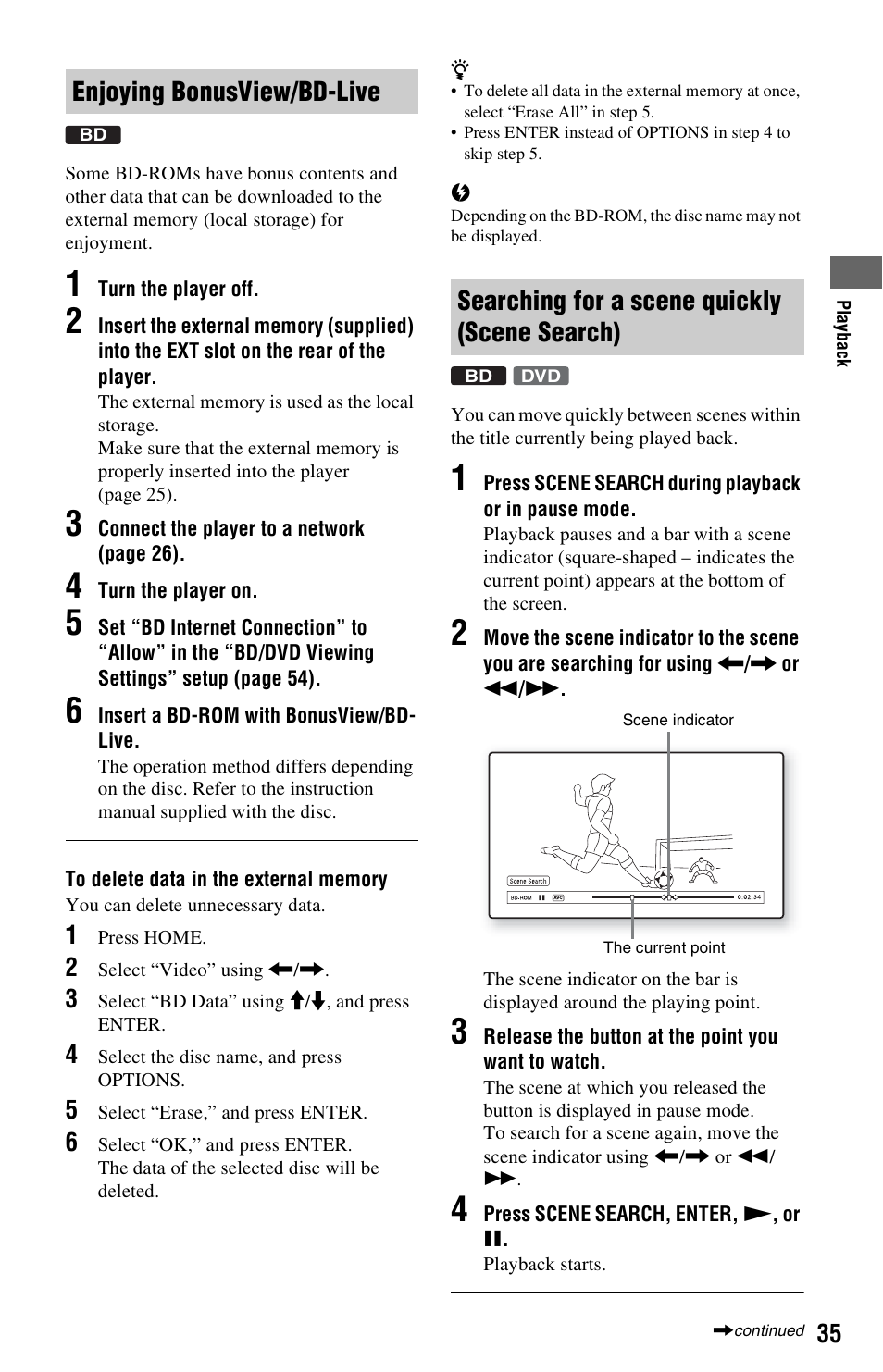 Enjoying bonusview/bd-live, Searching for a scene quickly (scene search) | Sony BDP-S5000ES User Manual | Page 35 / 79
