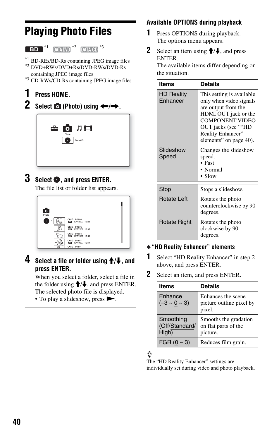Playing photo files | Sony BDP-S5000ES User Manual | Page 40 / 79