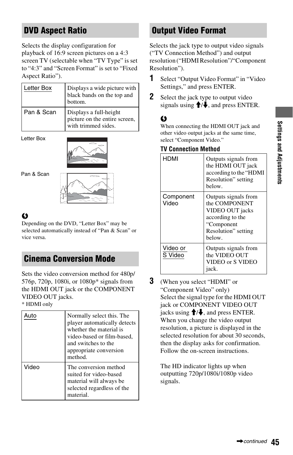 Dvd aspect ratio, Cinema conversion mode, Output video format | Sony BDP-S5000ES User Manual | Page 45 / 79