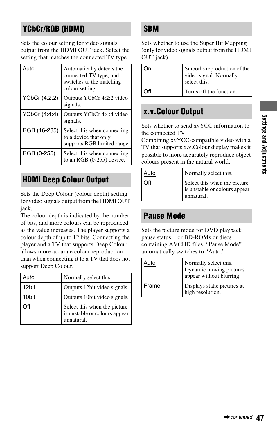 Ycbcr/rgb (hdmi), Hdmi deep colour output, X.v.colour output | Pause mode | Sony BDP-S5000ES User Manual | Page 47 / 79