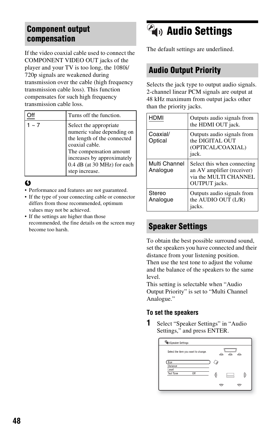 Audio settings, Component output compensation, Audio output priority | Speaker settings | Sony BDP-S5000ES User Manual | Page 48 / 79