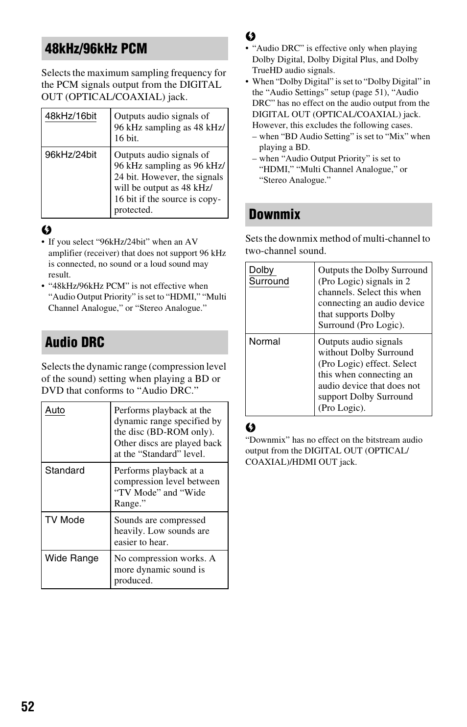 48khz/96khz pcm, Audio drc, Downmix | Sony BDP-S5000ES User Manual | Page 52 / 79