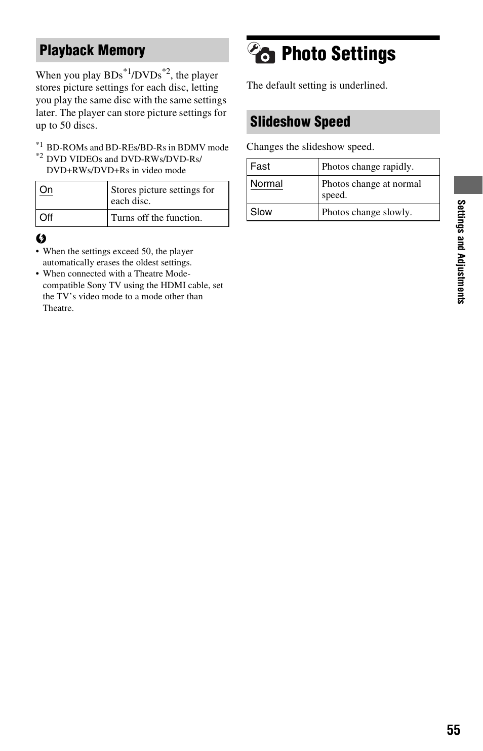 Photo settings, Slideshow speed | Sony BDP-S5000ES User Manual | Page 55 / 79