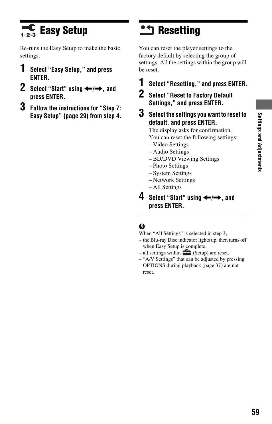 Easy setup, Resetting, Easy setup resetting | Sony BDP-S5000ES User Manual | Page 59 / 79