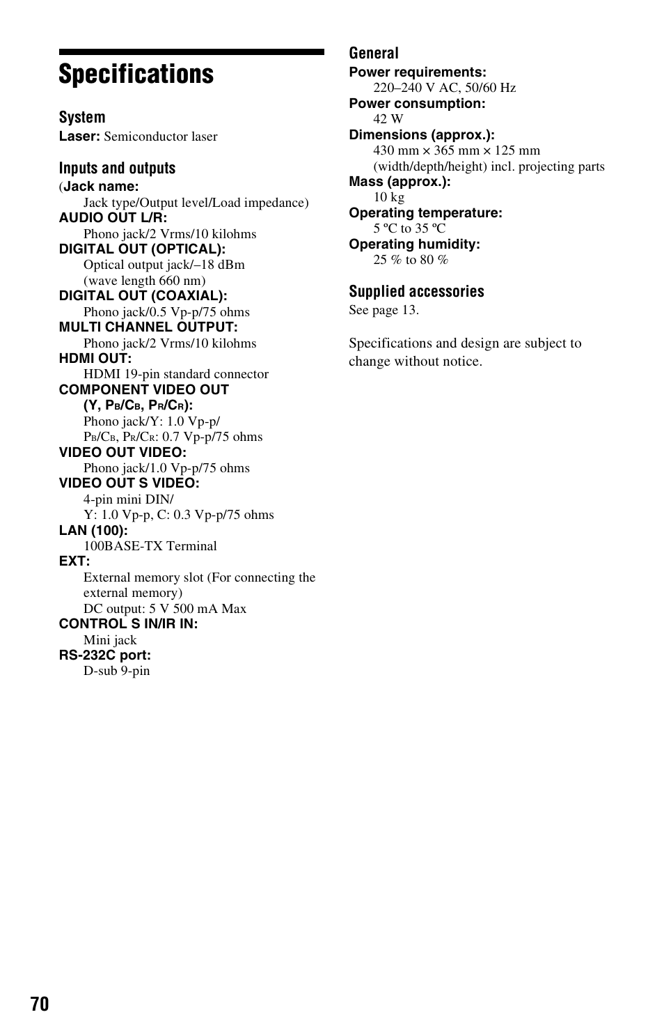 Specifications | Sony BDP-S5000ES User Manual | Page 70 / 79