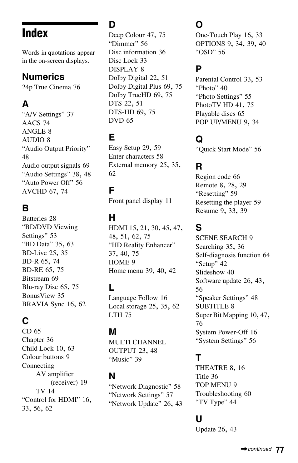 Index, Numerics | Sony BDP-S5000ES User Manual | Page 77 / 79