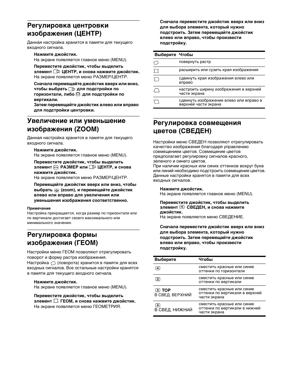 Гегули²овка цент²овки изоб²ажениш (öehtp), Увеличение или уменьшение изоб²ажениш (zoom), Гегули²овка фо²мы изоб²ажениш (ãeom) | Гегули²овка совмещениш цветов (сведен), 12 регулировка центровки изображения (цehtp), Увеличение или уменьшение изображения (zoom), Регулировка формы изображения (гeom), Регулировка совмещения цветов (сведен) | Sony GDM-F500R User Manual | Page 102 / 148