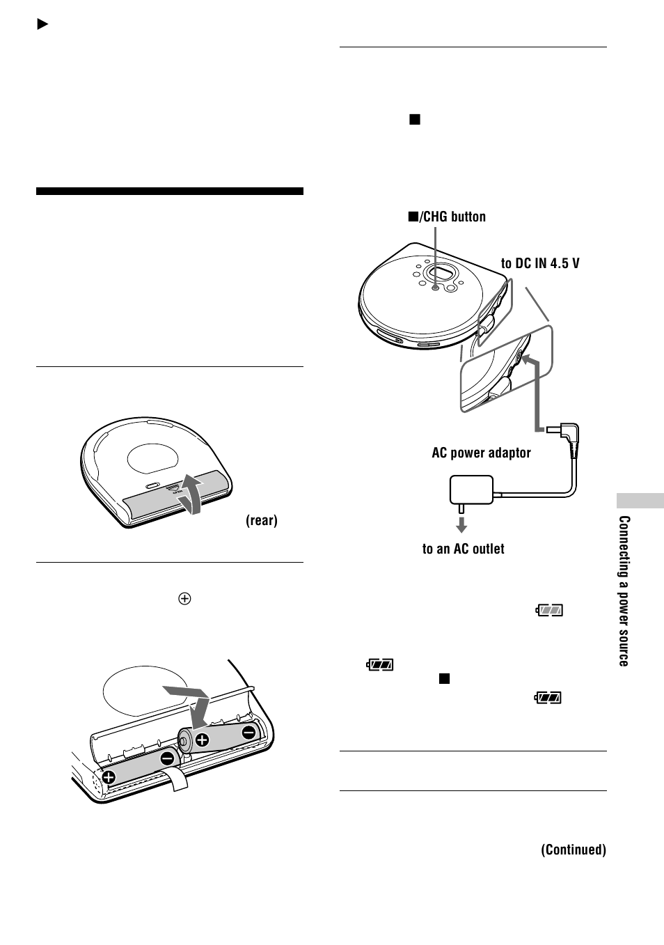 Connecting a power source, Using the rechargeable batteries | Sony Model D-EJ715 User Manual | Page 17 / 24