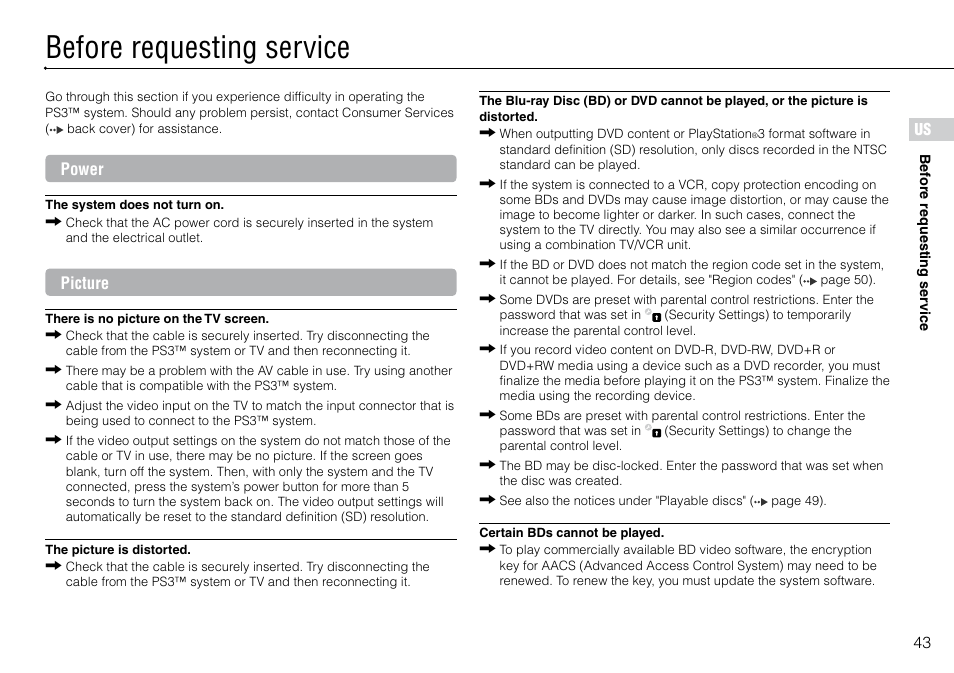 Before requesting service, Power, Picture | Sony 120GB Playstation 3 CECH-2001B User Manual | Page 43 / 120
