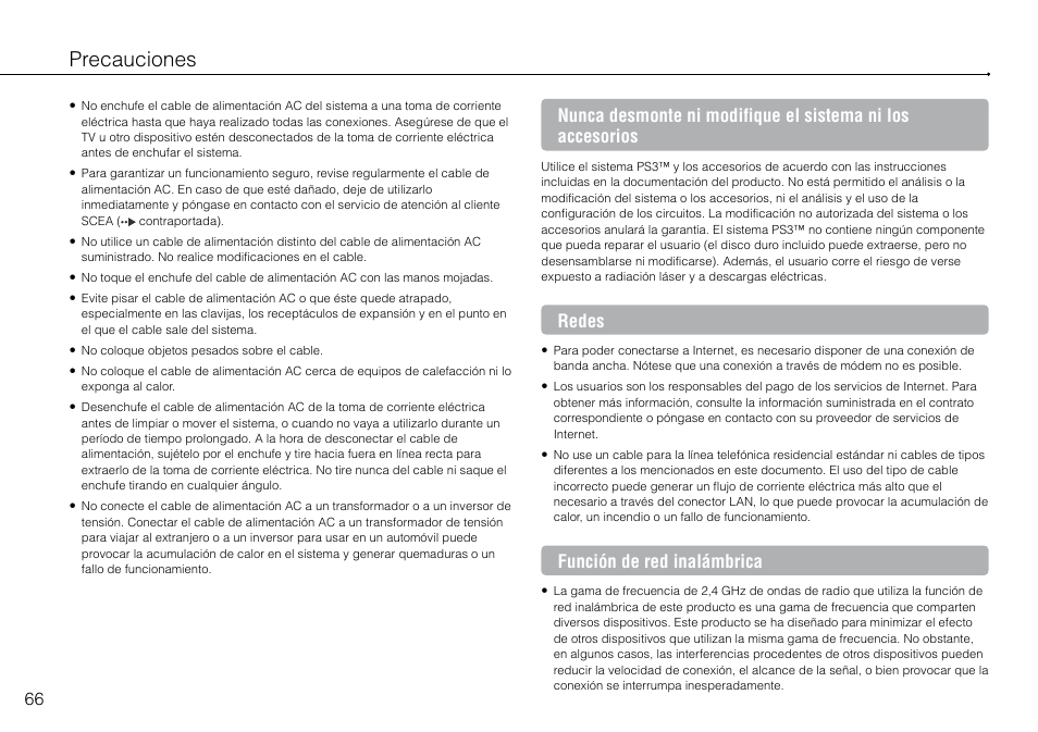 Precauciones, Redes, Función de red inalámbrica | Sony 120GB Playstation 3 CECH-2001B User Manual | Page 66 / 120