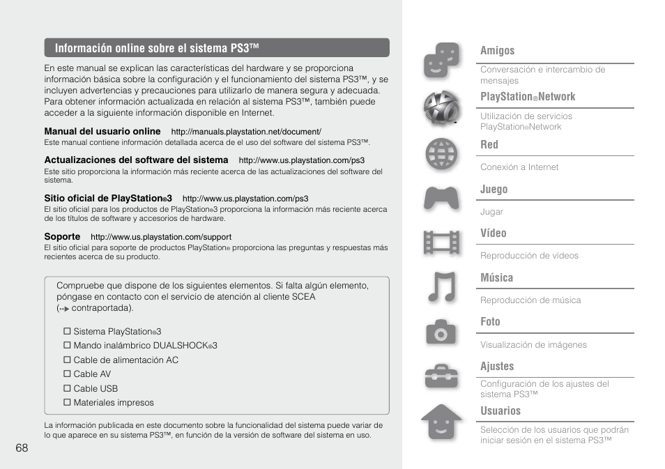 Información.online.sobre.el.sistema.ps3, 68 información online sobre el sistema ps3, Amigos | Playstation, Network, Juego, Vídeo, Música, Foto, Ajustes | Sony 120GB Playstation 3 CECH-2001B User Manual | Page 68 / 120