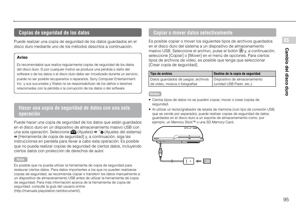 Copias.de.seguridad.de.los.datos, 95 es, Copias de seguridad de los datos | Copiar o mover datos selectivamente | Sony 120GB Playstation 3 CECH-2001B User Manual | Page 95 / 120