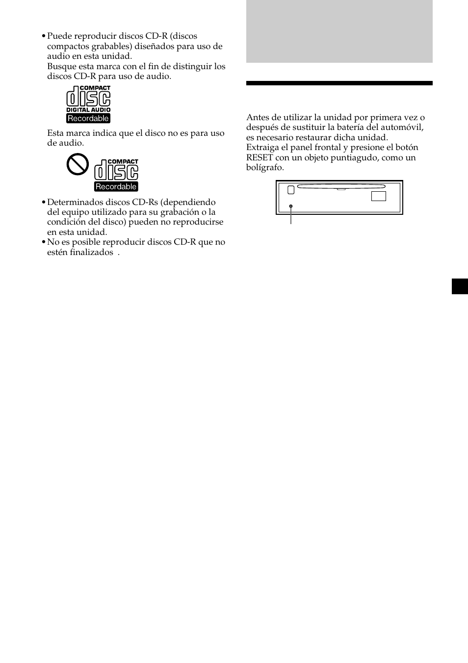 Procedimientos iniciales, Restauración de la unidad | Sony CDX-CA690X User Manual | Page 33 / 80
