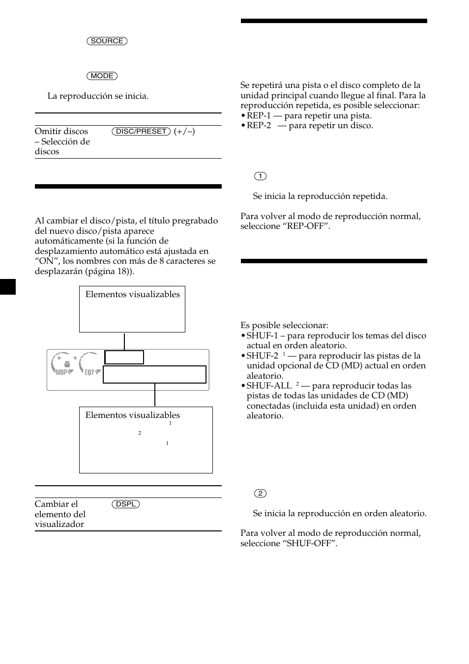 10 reproducción repetida de temas, Reproducción de temas en orden aleatorio, Elementos del visualizador | Sony CDX-CA690X User Manual | Page 36 / 80