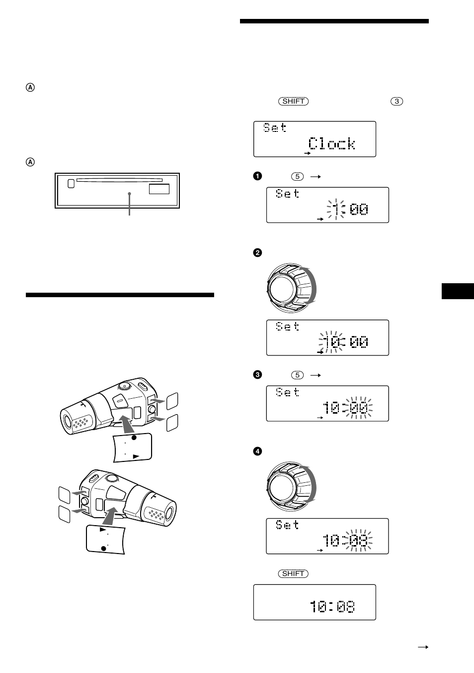 Preparación del mando rotativo, Ajuste del reloj, Preparación del mando rotativo ajuste del reloj | Alarma de precaución, Indicador tir | Sony CDX-C880R User Manual | Page 51 / 178