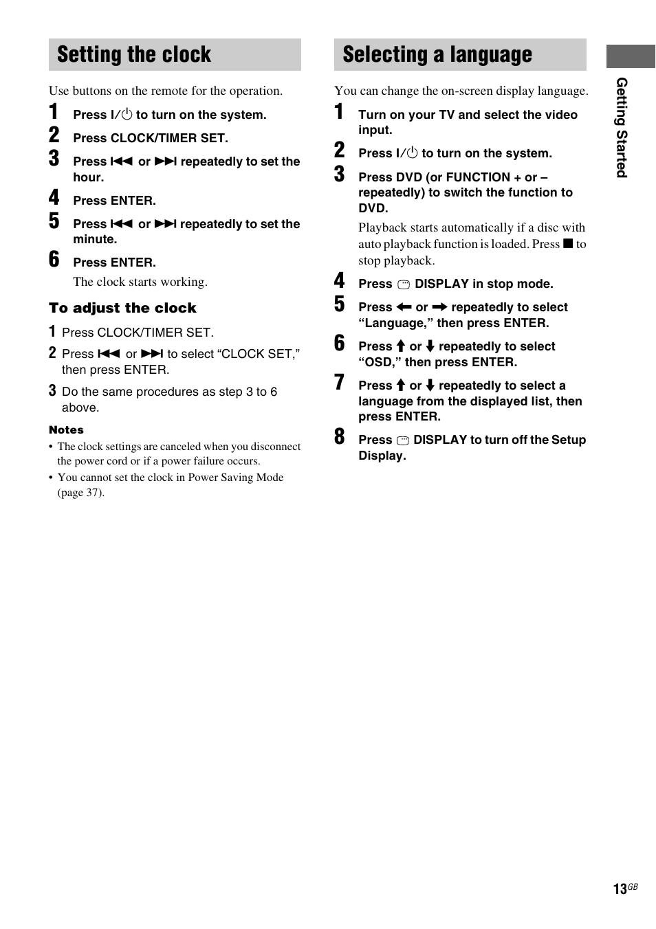 Setting the clock, Selecting a language, Setting the clock selecting a language | Sony CMT-SX2D User Manual | Page 13 / 60