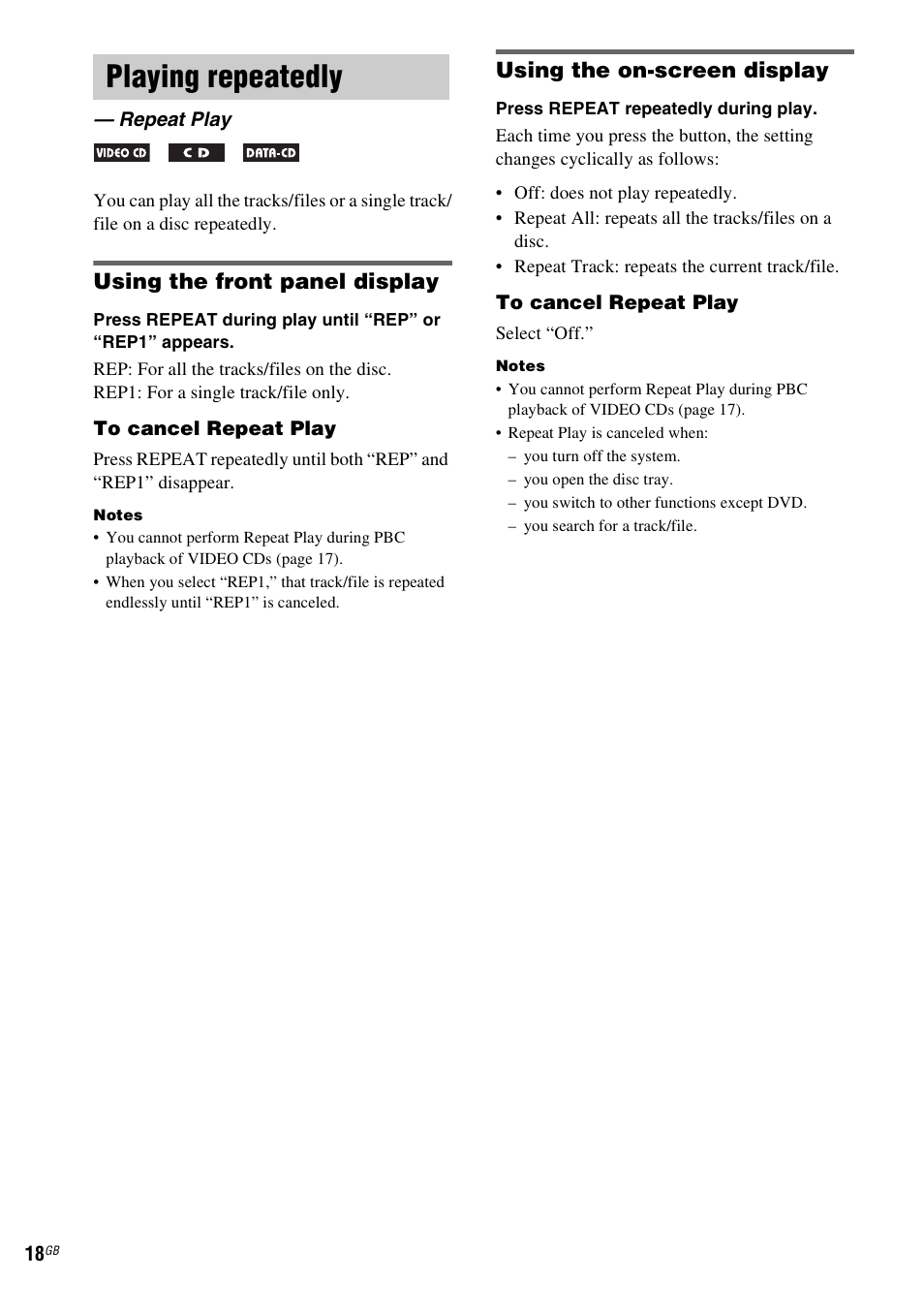 Playing repeatedly, Repeat play, Using the front panel display | Using the on-screen display | Sony CMT-SX2D User Manual | Page 18 / 60