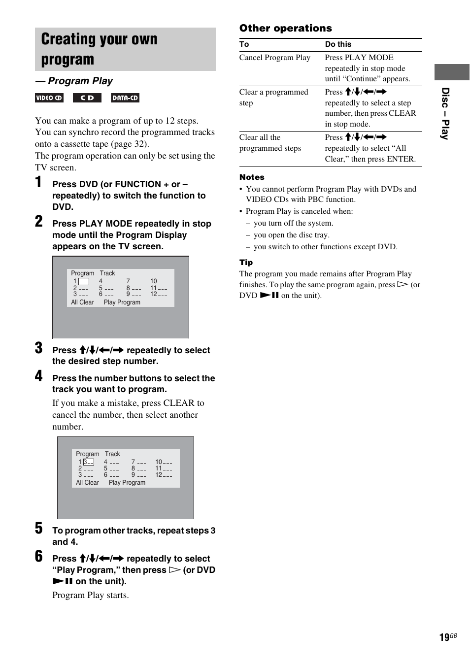 Creating your own program, Program play | Sony CMT-SX2D User Manual | Page 19 / 60