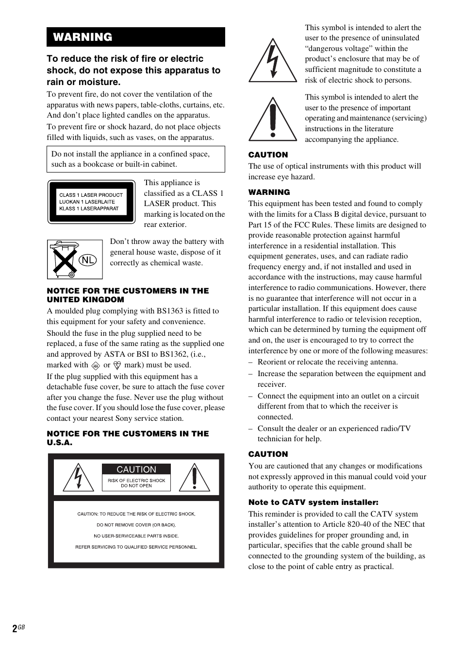Warning | Sony CMT-SX2D User Manual | Page 2 / 60