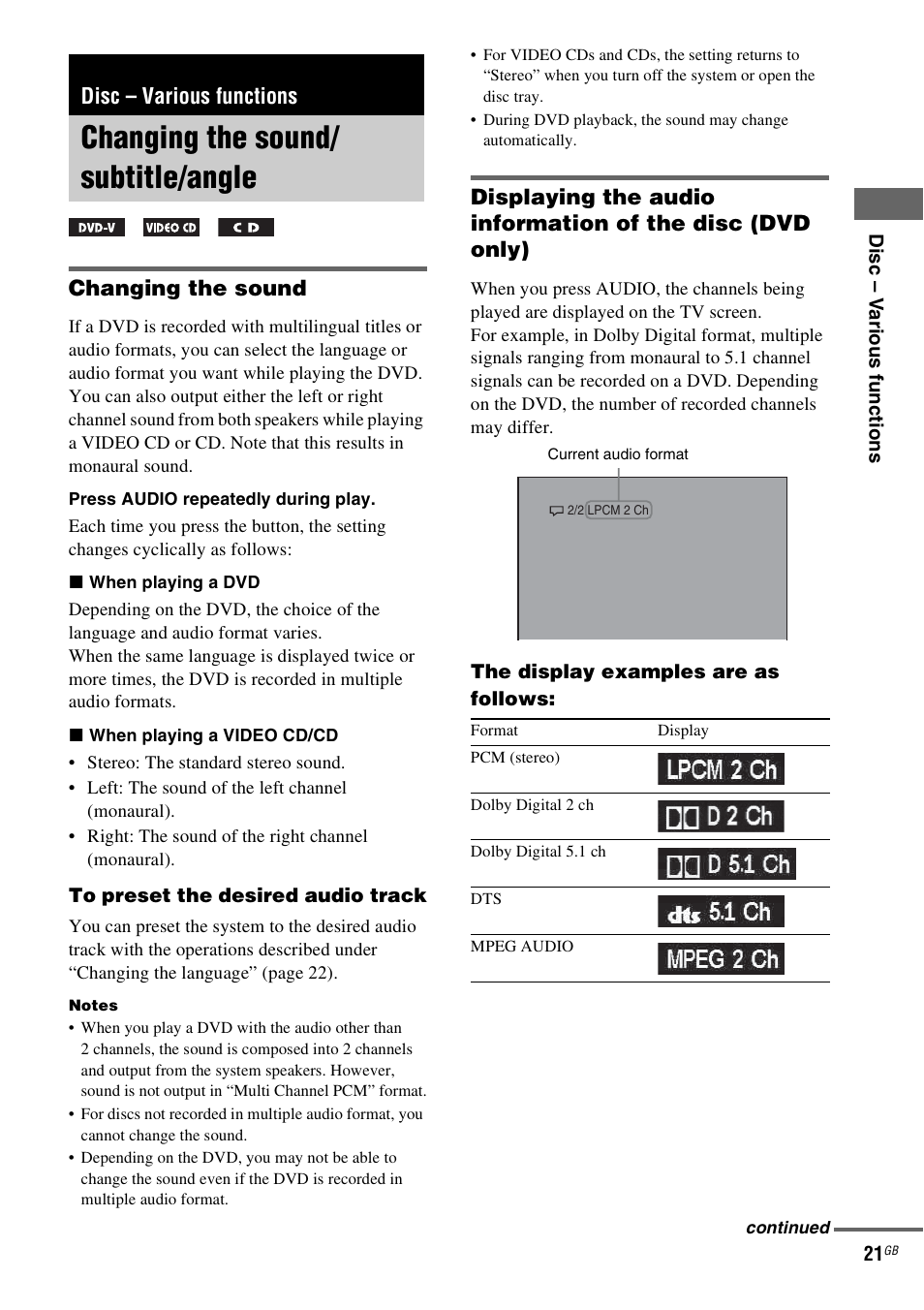 Disc - various functions, Changing the sound/ subtitle/angle, Disc – various functions | Changing the sound/subtitle/angle, Changing the sound | Sony CMT-SX2D User Manual | Page 21 / 60