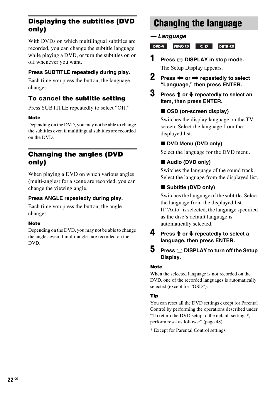 Changing the language, Language | Sony CMT-SX2D User Manual | Page 22 / 60