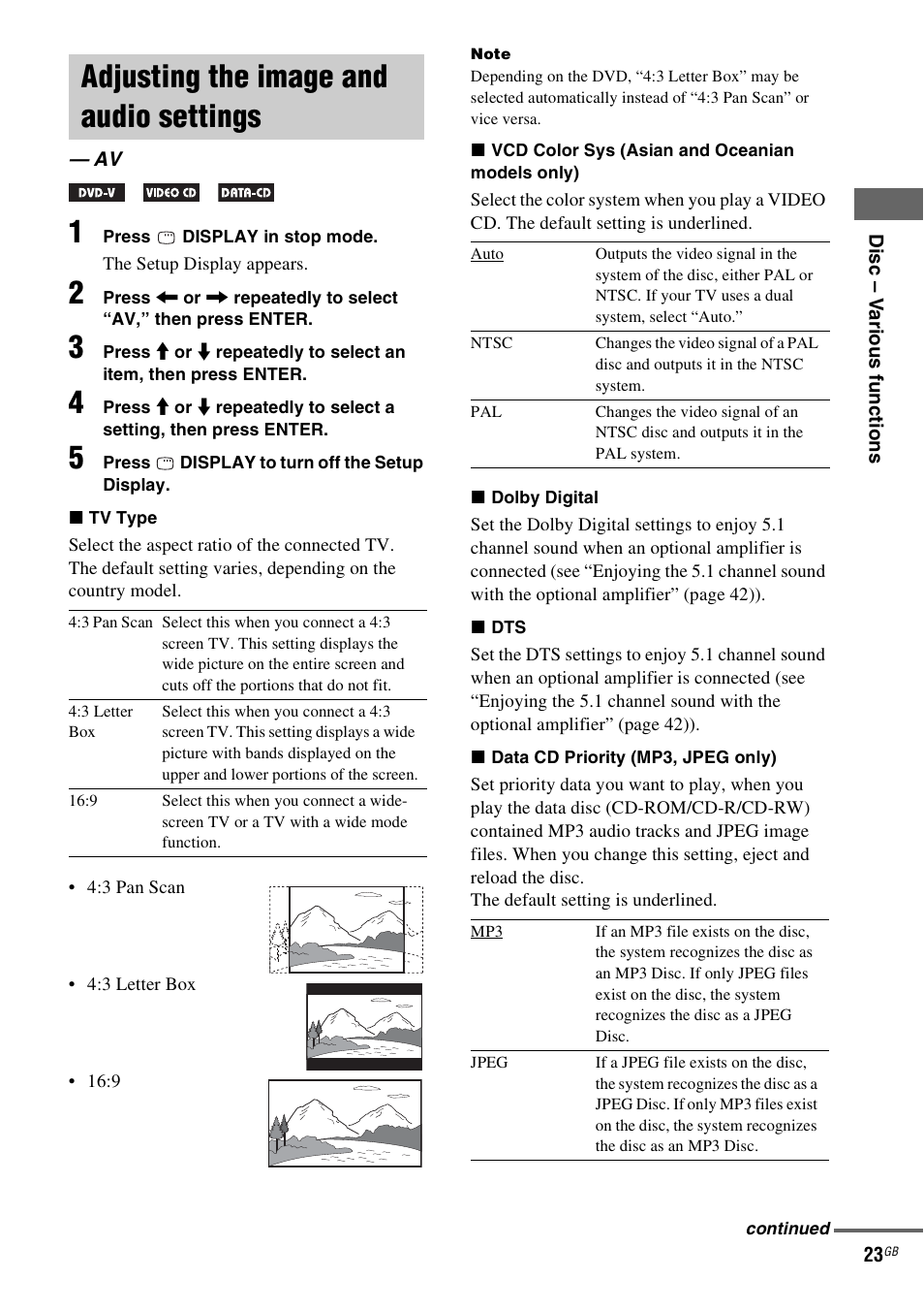 Adjusting the image and audio settings, Adjusting the image and audio, Settings — av | Sony CMT-SX2D User Manual | Page 23 / 60
