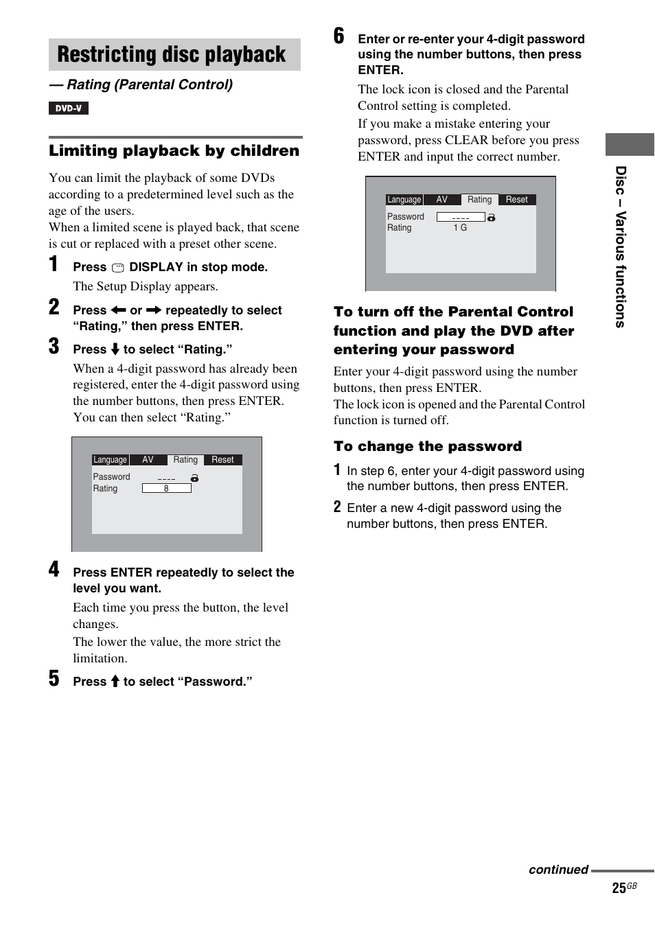 Restricting disc playback, Rating (parental control) | Sony CMT-SX2D User Manual | Page 25 / 60