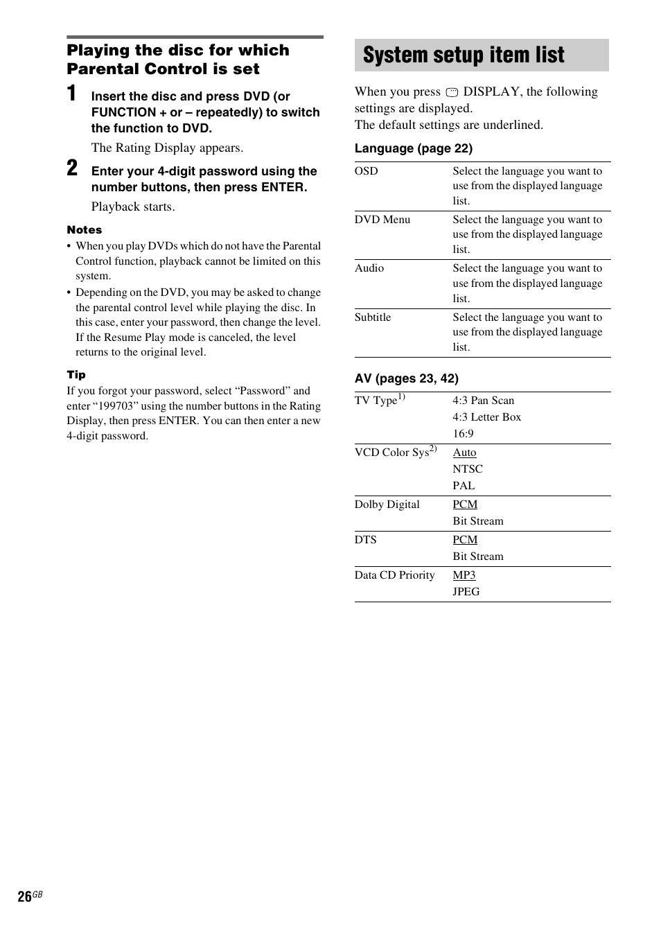 System setup item list, Playing the disc for which parental control is set | Sony CMT-SX2D User Manual | Page 26 / 60