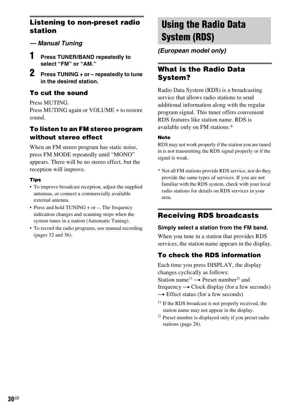 Manual tuning, Using the radio data system (rds), European model only) | Listening to non-preset radio station, What is the radio data system, Receiving rds broadcasts | Sony CMT-SX2D User Manual | Page 30 / 60